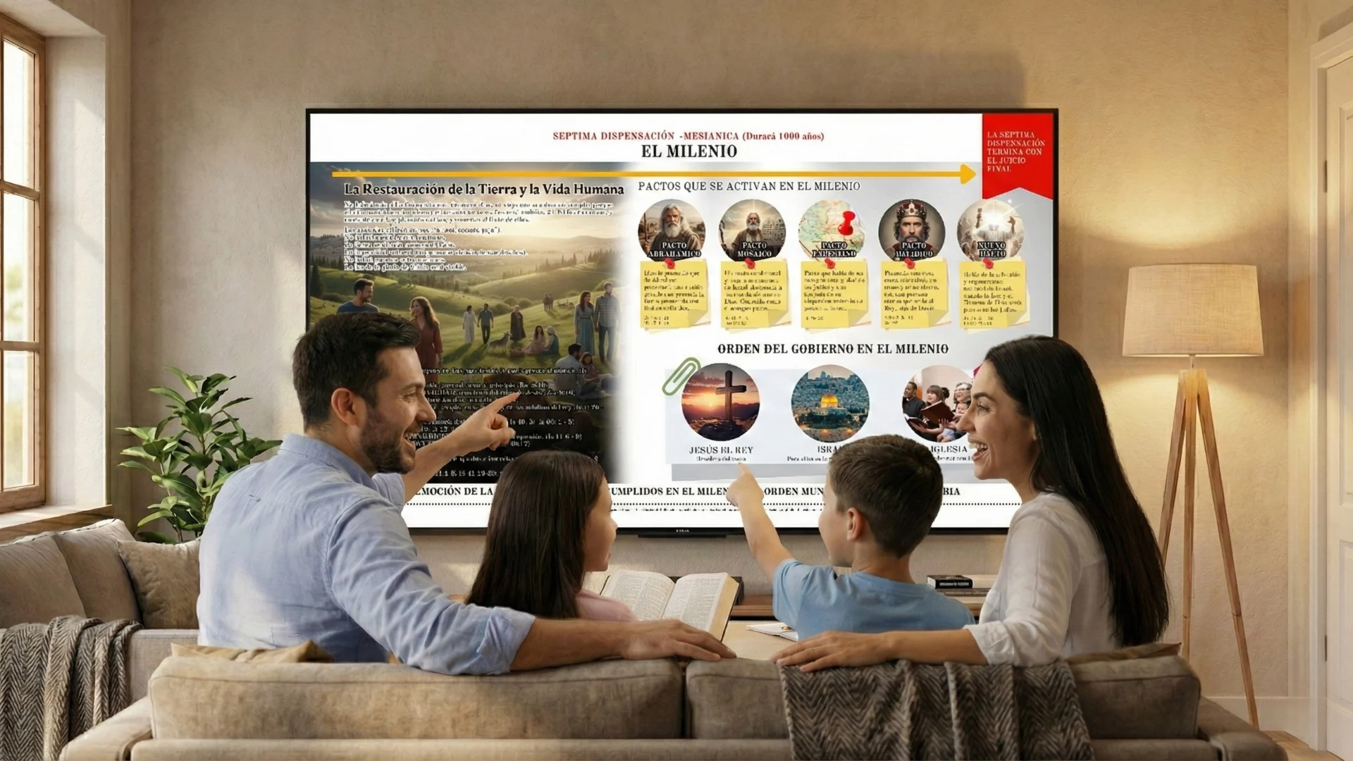 Familia estudiando la historia de la Biblia en la TV